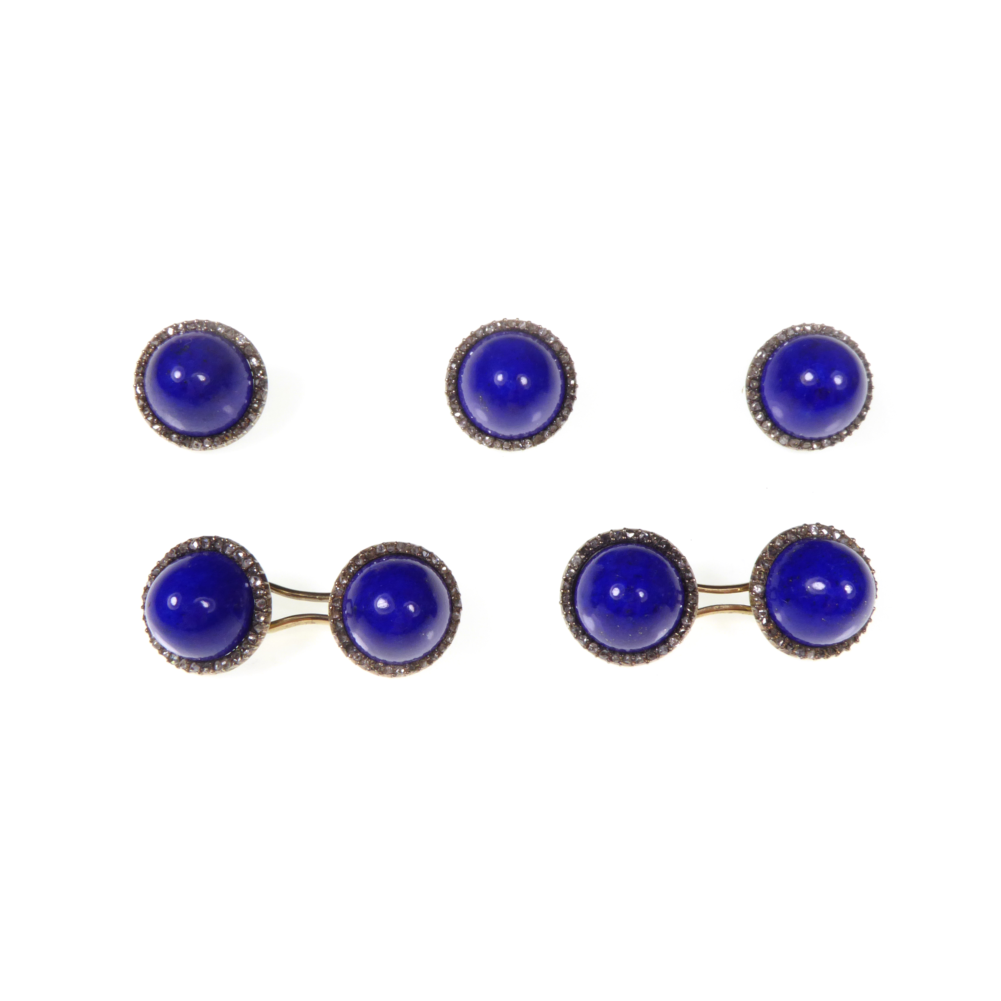Late 19th century lapis lazuli and rose cut diamond cluster gentleman's dress set, French c.1890, comprising a pair of cufflinks and three buttons,